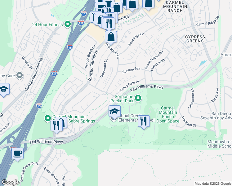 map of restaurants, bars, coffee shops, grocery stores, and more near 14041 Stoney Gate Place in San Diego