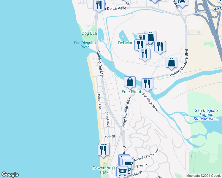 map of restaurants, bars, coffee shops, grocery stores, and more near 236 25th Street in Del Mar