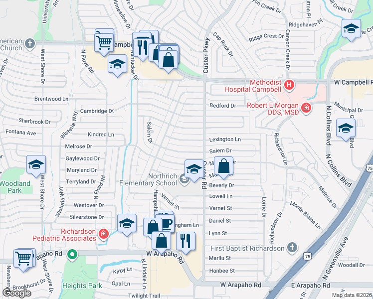 map of restaurants, bars, coffee shops, grocery stores, and more near 519 Salem Drive in Richardson