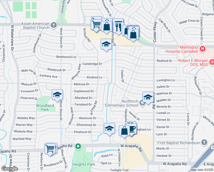 map of restaurants, bars, coffee shops, grocery stores, and more near 1425 Nantucket Drive in Richardson
