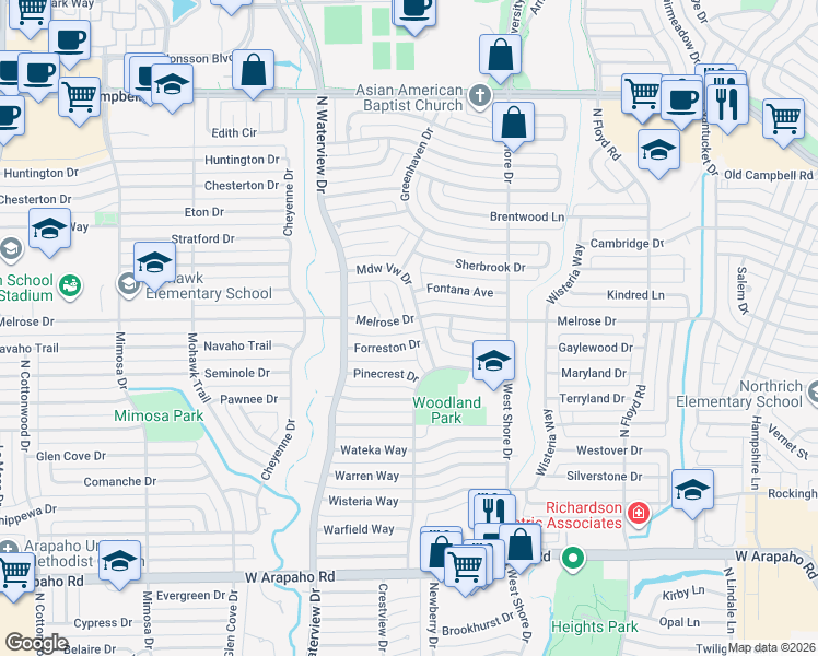 map of restaurants, bars, coffee shops, grocery stores, and more near 1407 Meadowview Drive in Richardson