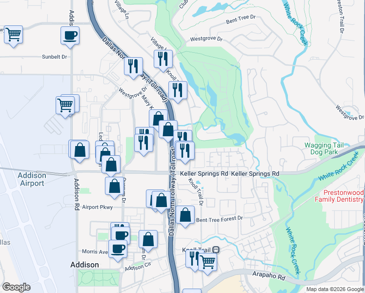 map of restaurants, bars, coffee shops, grocery stores, and more near 16150 Dallas Parkway in Dallas