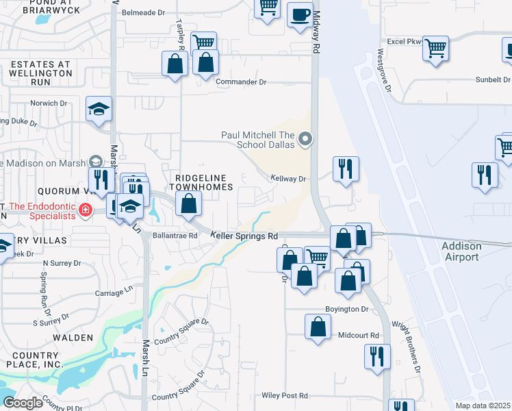 map of restaurants, bars, coffee shops, grocery stores, and more near 3225 Keller Springs Road in Carrollton