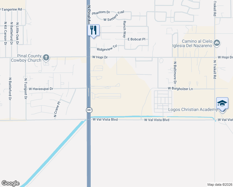 map of restaurants, bars, coffee shops, grocery stores, and more near 10059 North Tenderfoot Trail in Casa Grande
