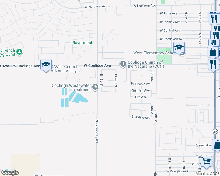 map of restaurants, bars, coffee shops, grocery stores, and more near 1216 West Elm Avenue in Coolidge
