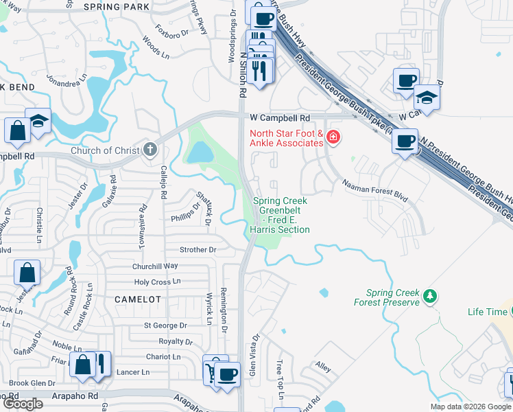 map of restaurants, bars, coffee shops, grocery stores, and more near 6118 North Shiloh Road in Garland