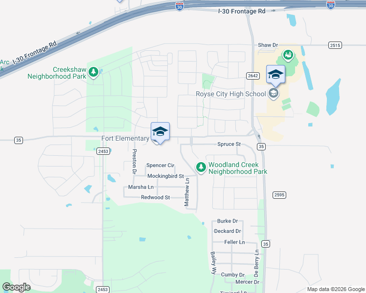 map of restaurants, bars, coffee shops, grocery stores, and more near 608 Orchid Boulevard in Royse City