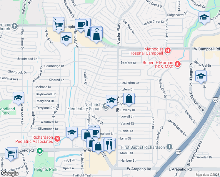 map of restaurants, bars, coffee shops, grocery stores, and more near 505 Salem Drive in Richardson
