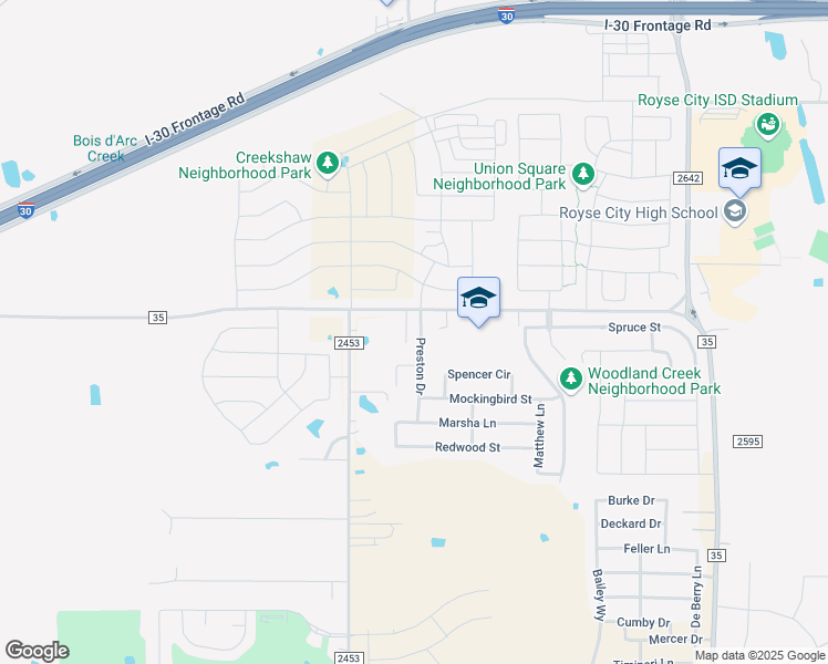 map of restaurants, bars, coffee shops, grocery stores, and more near 624 Preston Drive in Royse City