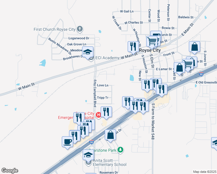 map of restaurants, bars, coffee shops, grocery stores, and more near 513 Love Lane in Royse City