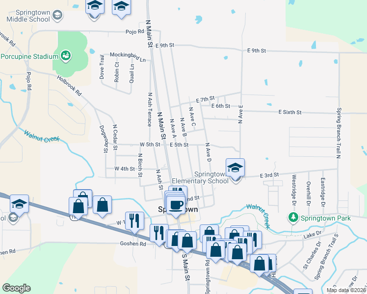 map of restaurants, bars, coffee shops, grocery stores, and more near 208 East 5th Street in Springtown