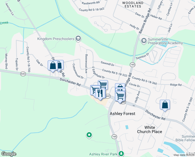 map of restaurants, bars, coffee shops, grocery stores, and more near 121 Sawmill Court in Summerville