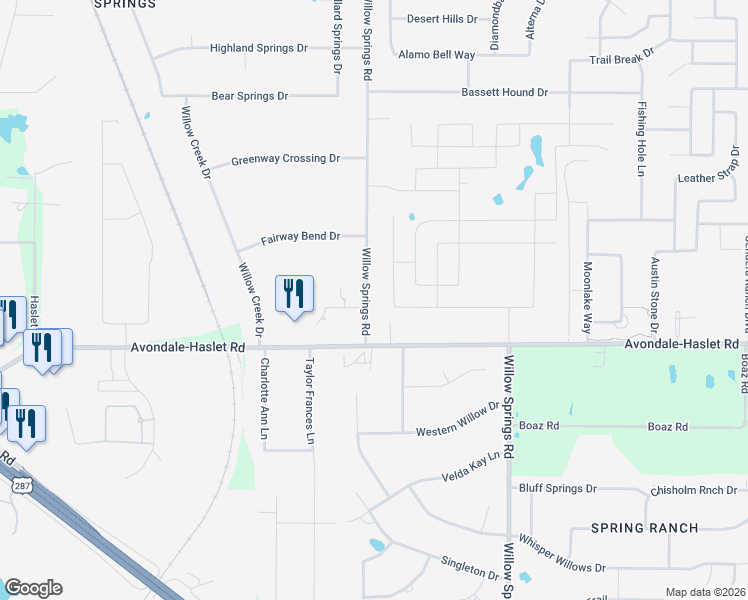 map of restaurants, bars, coffee shops, grocery stores, and more near 13300 Willow Springs Road in Haslet