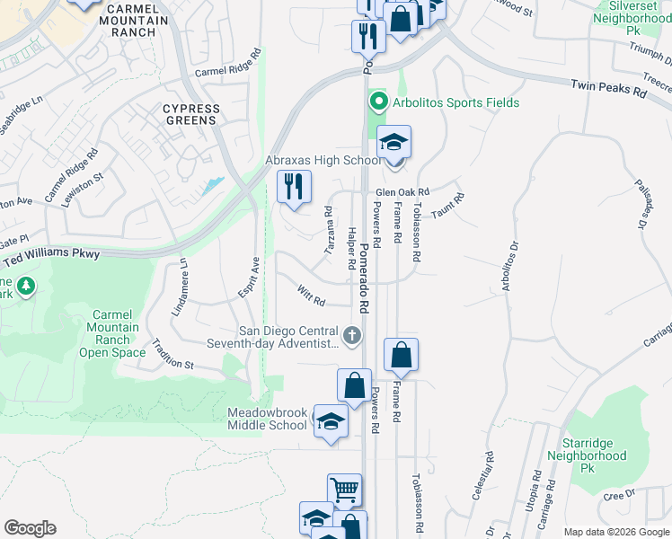 map of restaurants, bars, coffee shops, grocery stores, and more near 12319 Holland Road in Poway
