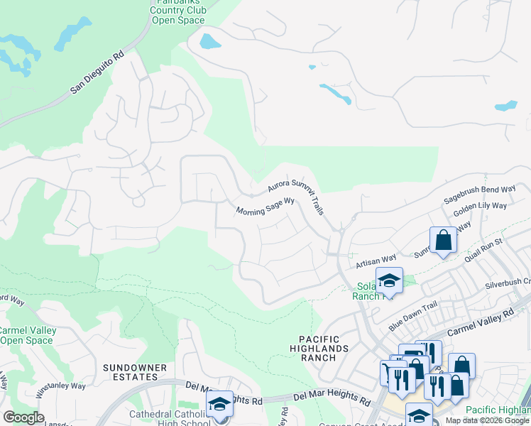 map of restaurants, bars, coffee shops, grocery stores, and more near 5347 Morning Sage Way in San Diego