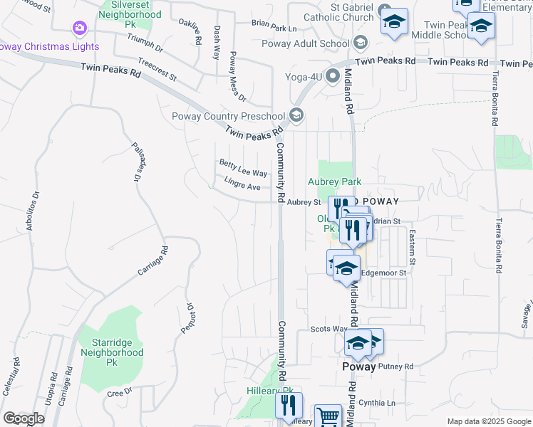 map of restaurants, bars, coffee shops, grocery stores, and more near 14152 Kendra Way in Poway
