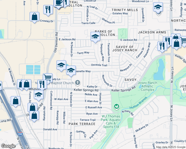 map of restaurants, bars, coffee shops, grocery stores, and more near 1207 Brittainy Drive in Carrollton