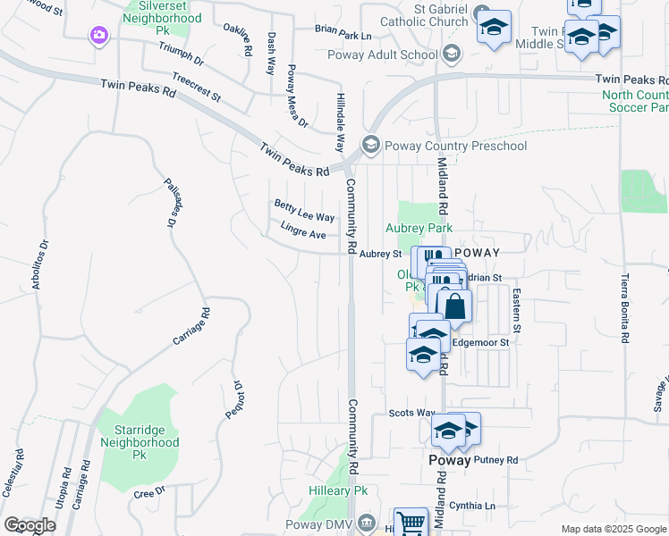 map of restaurants, bars, coffee shops, grocery stores, and more near 14152 Kendra Way in Poway