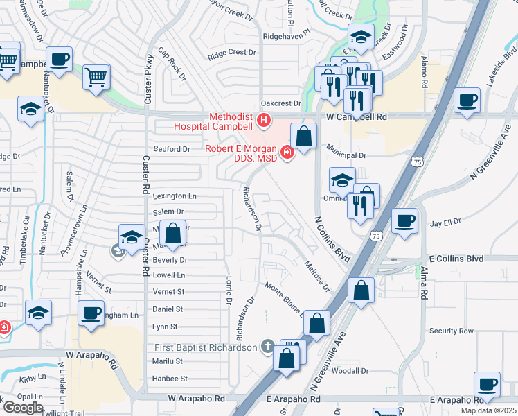 map of restaurants, bars, coffee shops, grocery stores, and more near 1493 Richardson Drive in Richardson