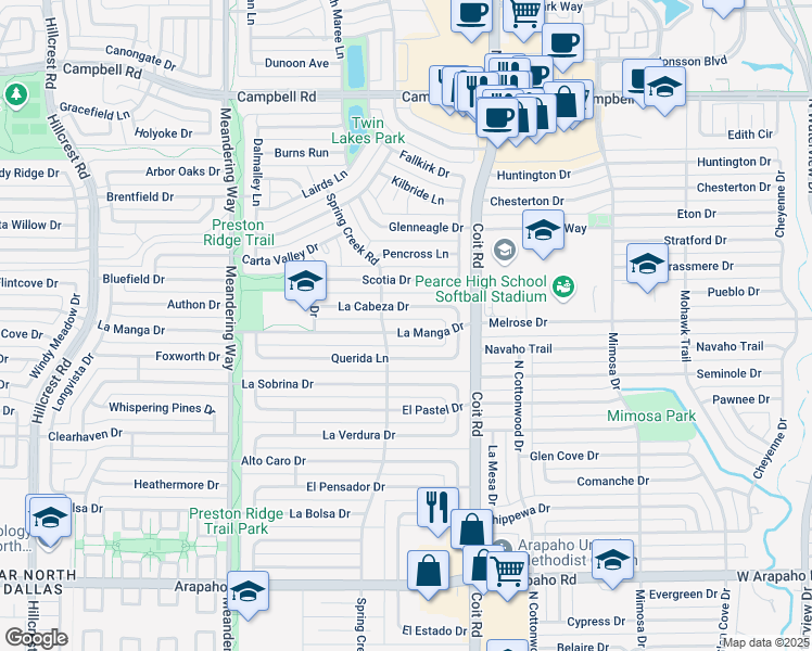 map of restaurants, bars, coffee shops, grocery stores, and more near 7838 La Manga Drive in Dallas