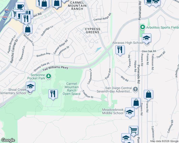 map of restaurants, bars, coffee shops, grocery stores, and more near 13744 Tradition Street in San Diego