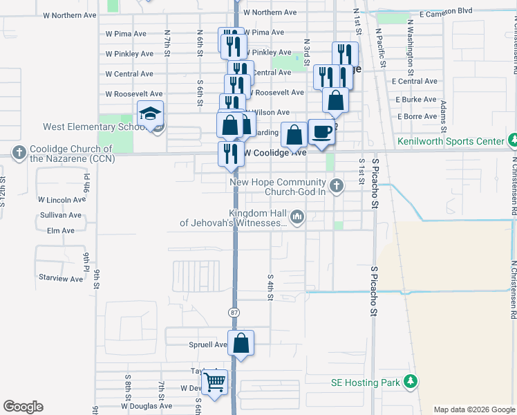 map of restaurants, bars, coffee shops, grocery stores, and more near 428 West Elm Avenue in Coolidge