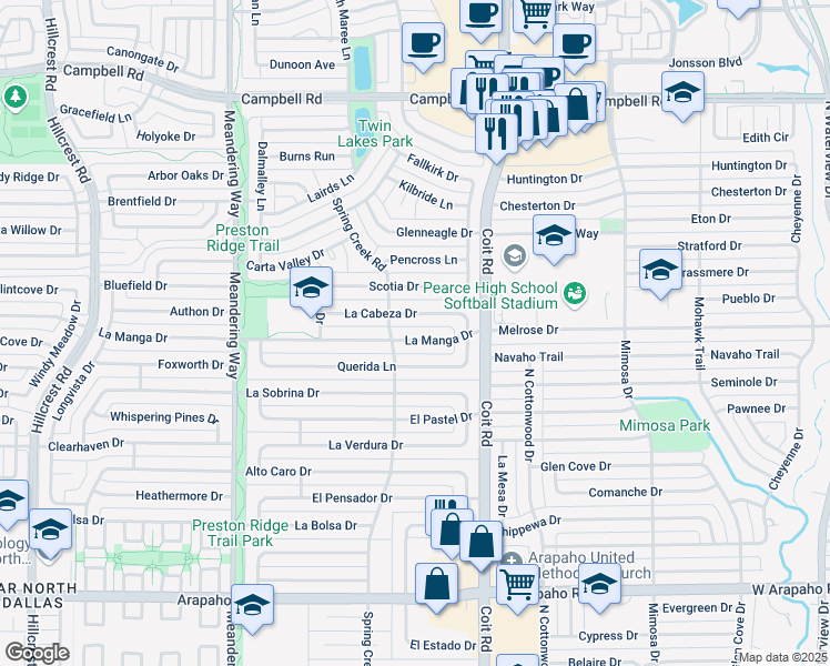 map of restaurants, bars, coffee shops, grocery stores, and more near 7838 La Manga Drive in Dallas