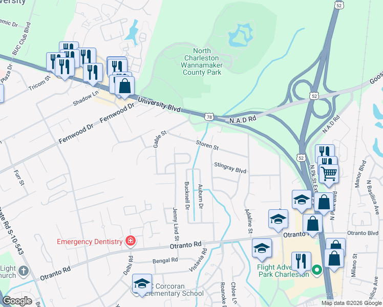 map of restaurants, bars, coffee shops, grocery stores, and more near 2432 Thoreau Street in North Charleston
