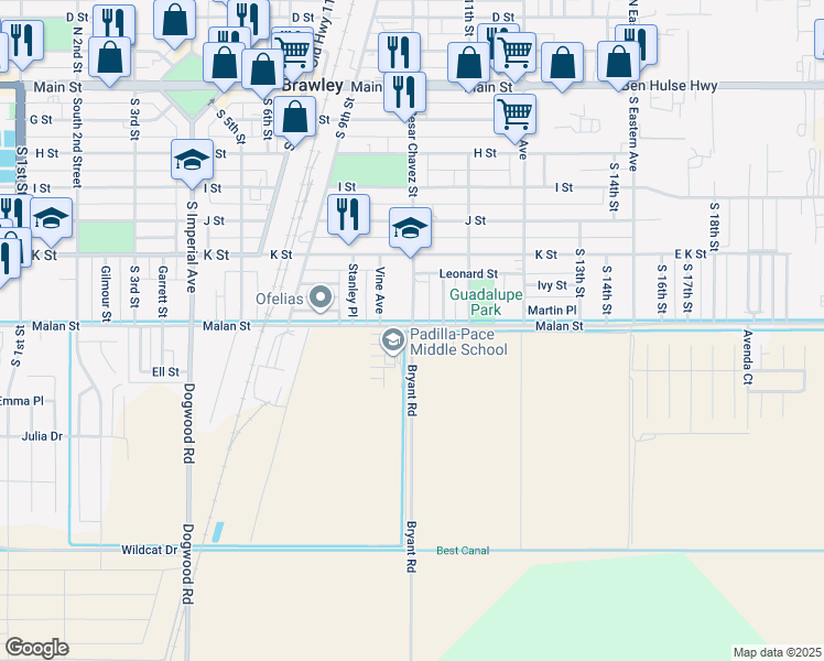 map of restaurants, bars, coffee shops, grocery stores, and more near 4299 Bryant Road in Brawley