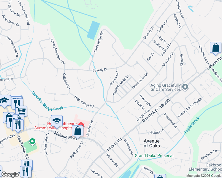map of restaurants, bars, coffee shops, grocery stores, and more near 20 Regency Oaks Drive in Summerville