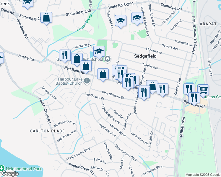 map of restaurants, bars, coffee shops, grocery stores, and more near 180 Pineshadow Drive in Goose Creek