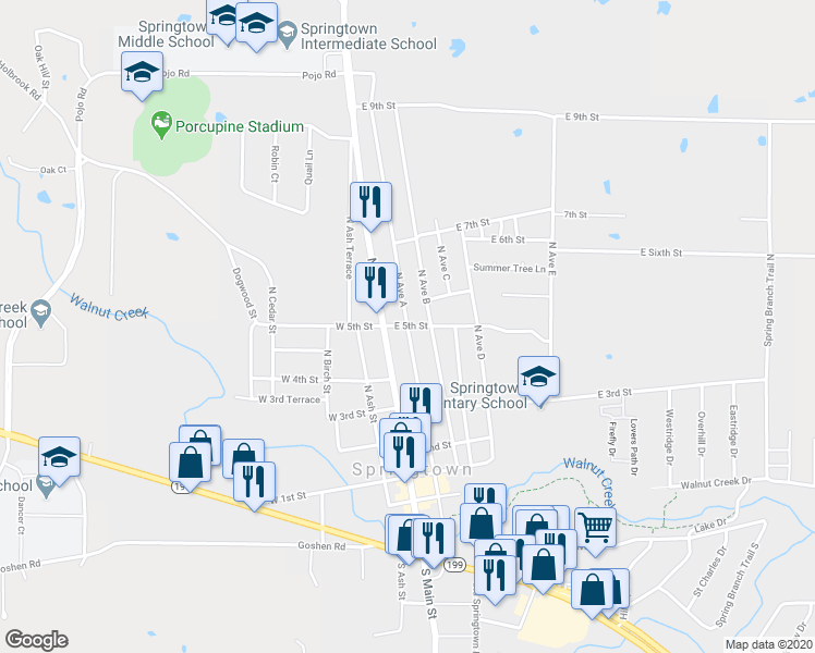 map of restaurants, bars, coffee shops, grocery stores, and more near 198 East 5th Street in Springtown