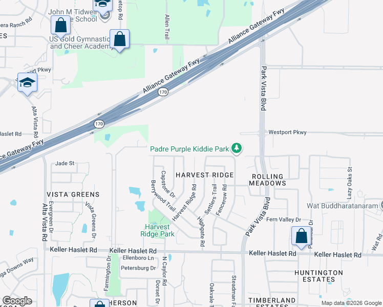 map of restaurants, bars, coffee shops, grocery stores, and more near 13285 Harvest Ridge Road in Fort Worth