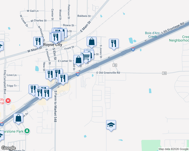 map of restaurants, bars, coffee shops, grocery stores, and more near 601 East Old Greenville Road in Royse City