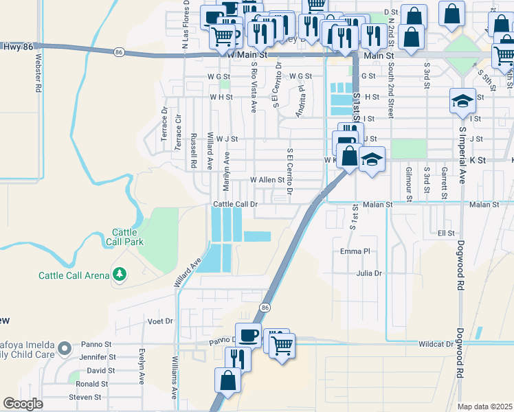 map of restaurants, bars, coffee shops, grocery stores, and more near 725 South Rio Vista Avenue in Brawley