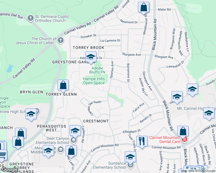 map of restaurants, bars, coffee shops, grocery stores, and more near 8787 Cayucos Way in San Diego
