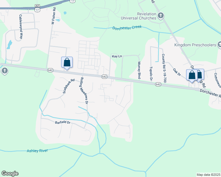 map of restaurants, bars, coffee shops, grocery stores, and more near 10825 Dorchester Road in Summerville