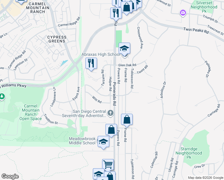 map of restaurants, bars, coffee shops, grocery stores, and more near 14125 Halper Road in Poway