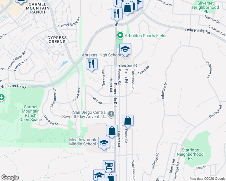 map of restaurants, bars, coffee shops, grocery stores, and more near 14125 Halper Road in Poway