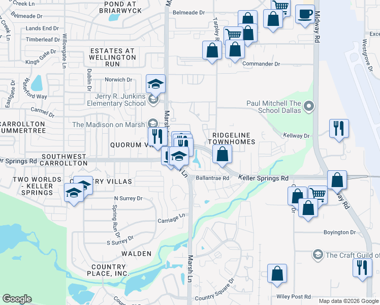 map of restaurants, bars, coffee shops, grocery stores, and more near 2210 Marsh Lane in Carrollton