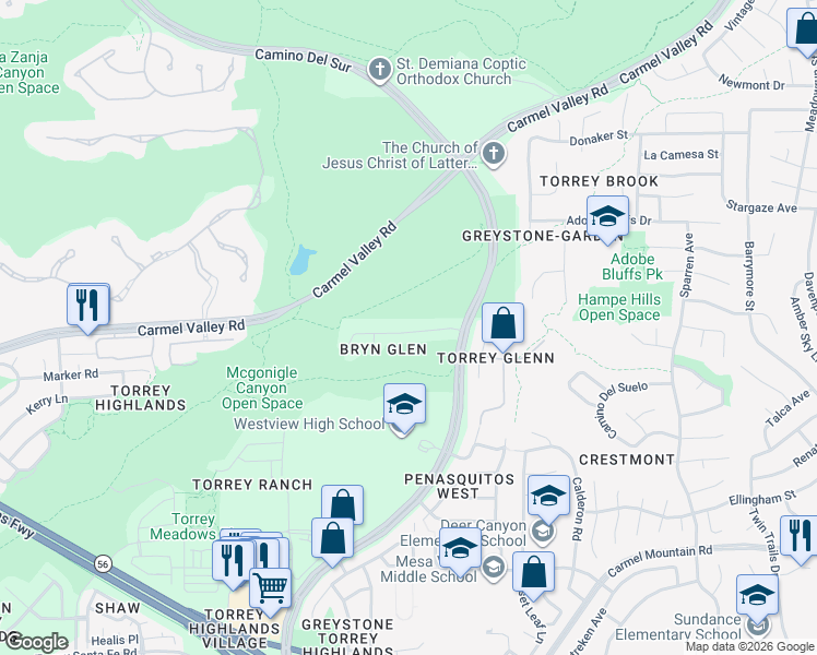 map of restaurants, bars, coffee shops, grocery stores, and more near 8294 Bryn Glen Way in San Diego