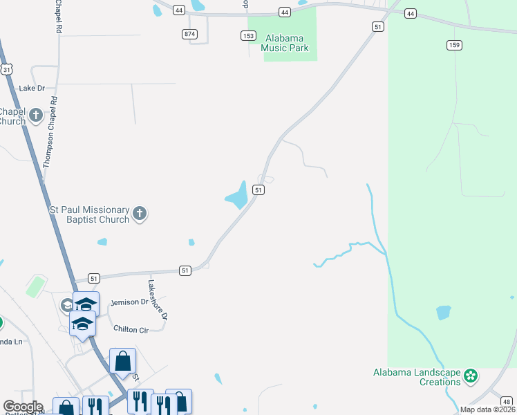 map of restaurants, bars, coffee shops, grocery stores, and more near 16525 County Road 51 in Jemison