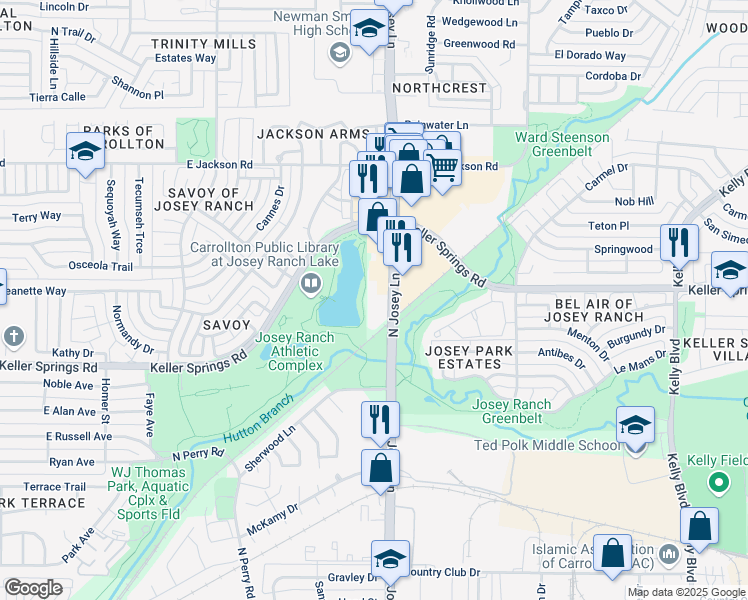 map of restaurants, bars, coffee shops, grocery stores, and more near 2105 North Josey Lane in Carrollton