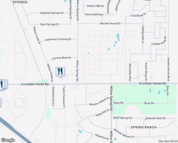 map of restaurants, bars, coffee shops, grocery stores, and more near 13390 Willow Springs Road in Haslet