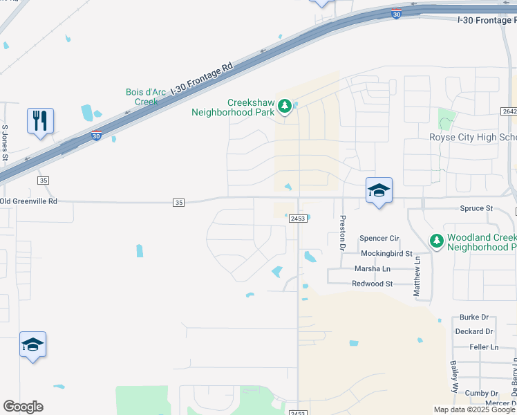 map of restaurants, bars, coffee shops, grocery stores, and more near 109 Gardenia Drive in Royse City