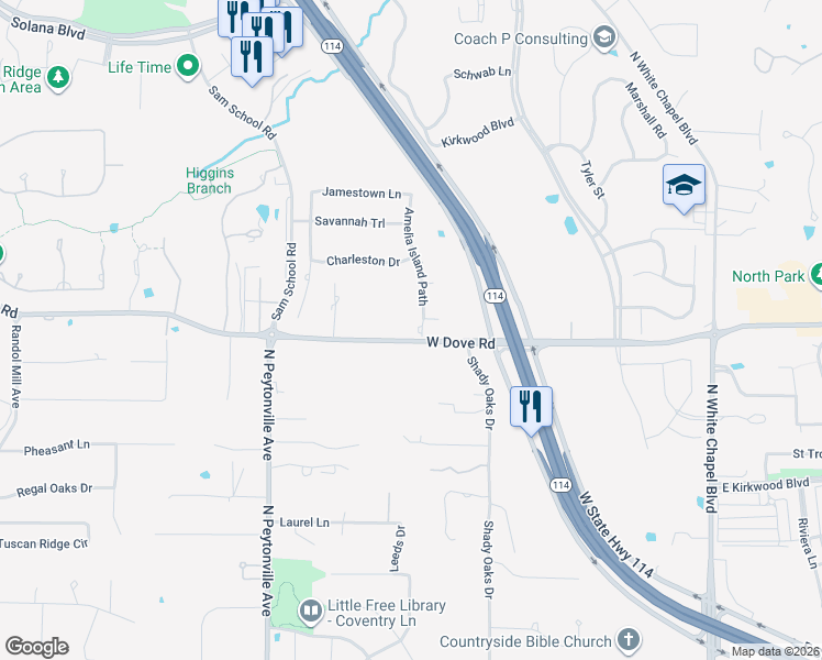 map of restaurants, bars, coffee shops, grocery stores, and more near 2308 Amelia Island Path in Southlake