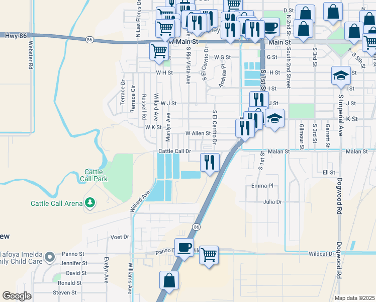 map of restaurants, bars, coffee shops, grocery stores, and more near 673 South Rio Vista Avenue in Brawley
