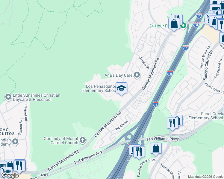 map of restaurants, bars, coffee shops, grocery stores, and more near 10651 Mathieson Street in San Diego