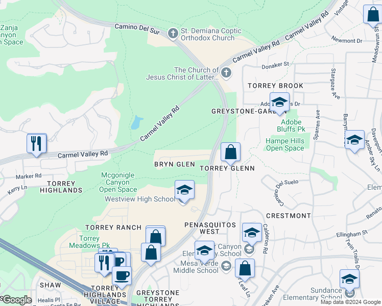 map of restaurants, bars, coffee shops, grocery stores, and more near 8294 Bryn Glen Way in San Diego