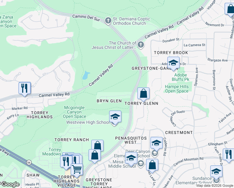map of restaurants, bars, coffee shops, grocery stores, and more near 8294 Bryn Glen Way in San Diego